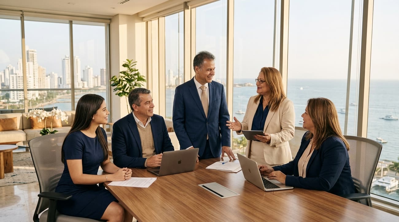 Equipo de Valec Realtors en su oficina de Cartagena